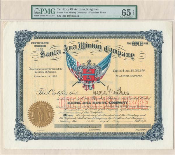 Santa Ana Mining Co. - PMG graded 65 - 1898 dated Arizona Mining Stock Certificate